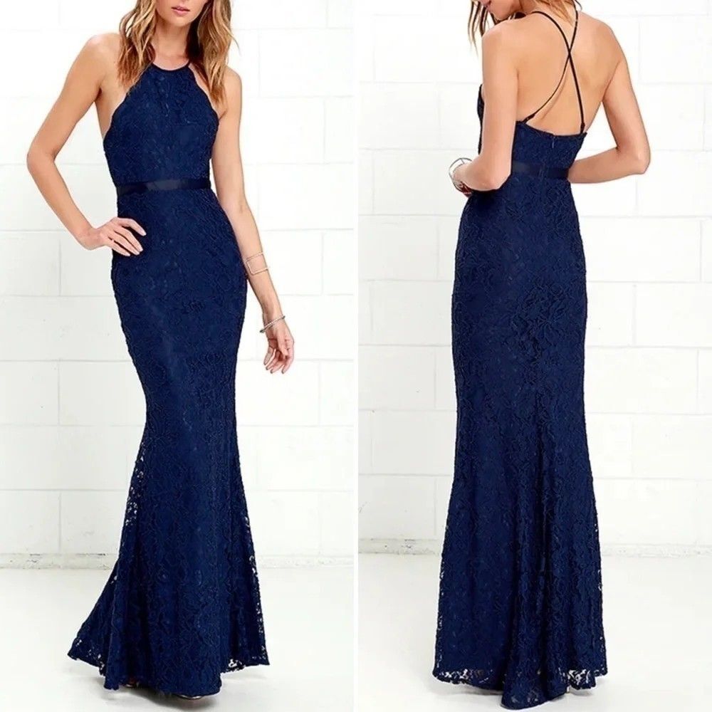 Lulus Zenith Navy Blue Lace Mermaid Maxi Dress - Size L
